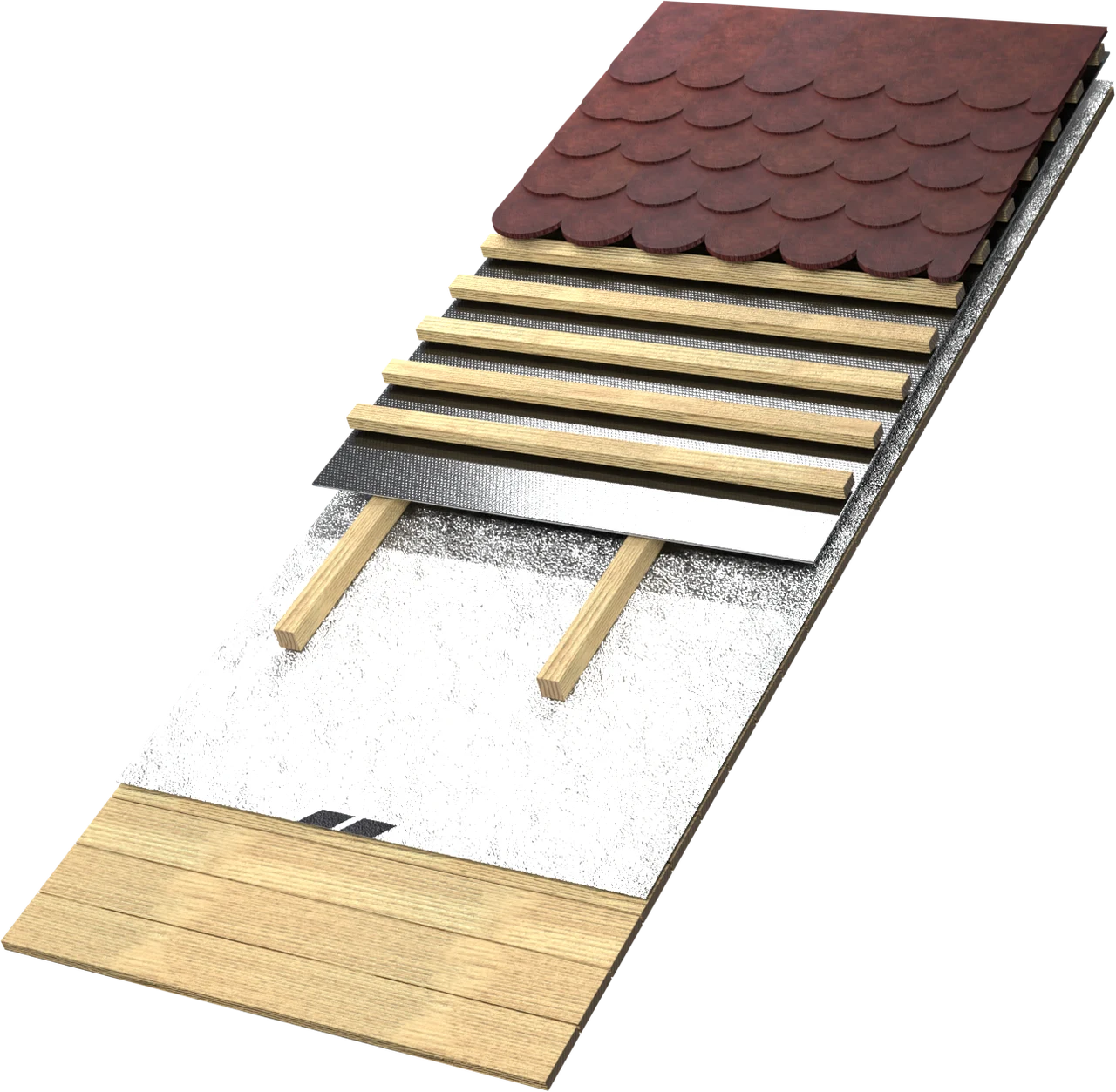 3D-Rendering: Reflectiva Bronze zwischen Konterlatte und Dachlatte, unter der Dacheindeckung