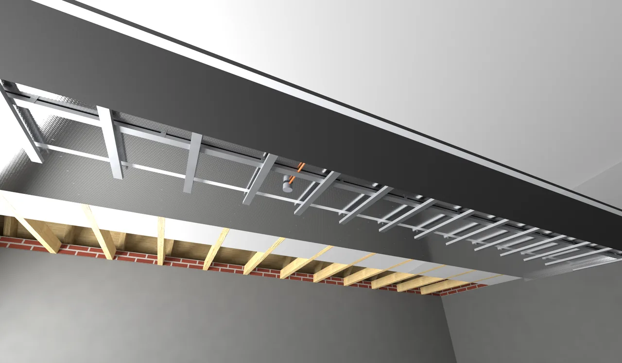 Rendering der Holzbalkendecke zum kalten Dachboden mit den Schichten von System 10 Basic