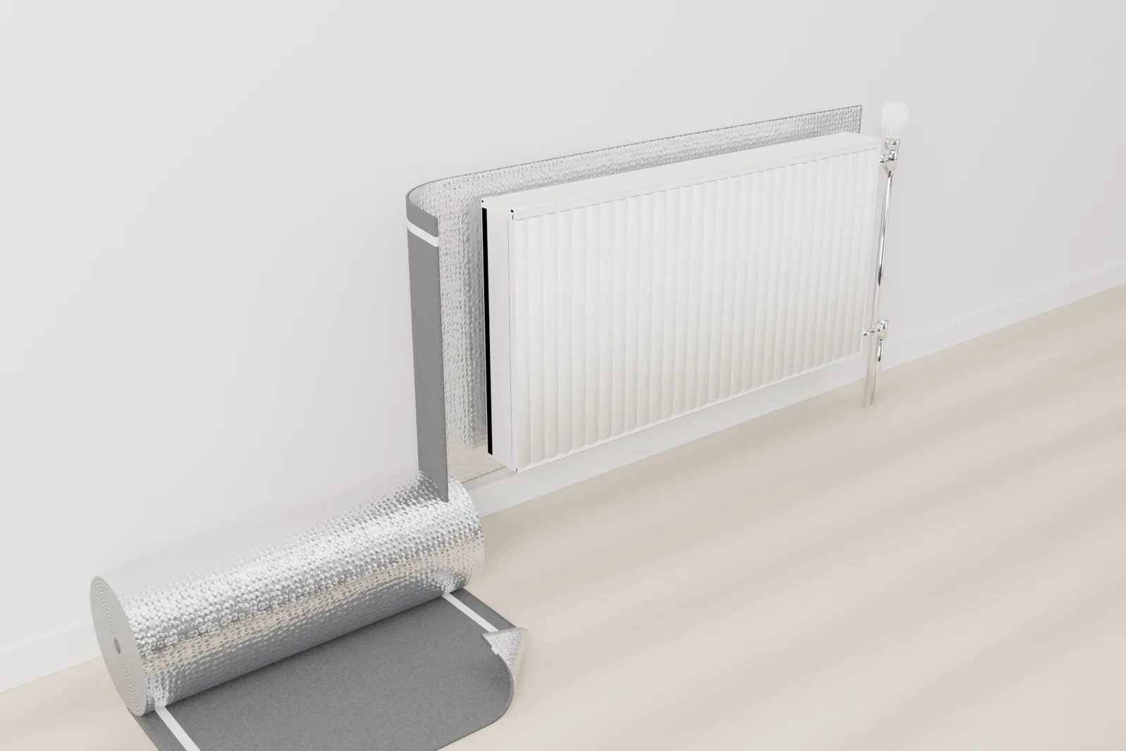 La pose : la membrane Isoflect Recuperator se colle sur le mur, derrière le radiateur