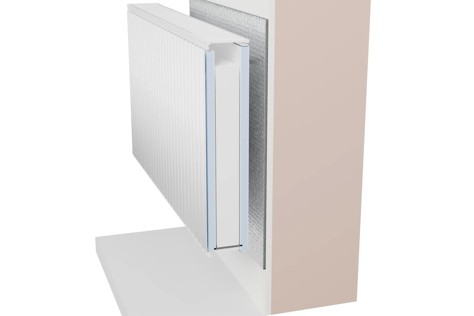 Coupe : le mur, la membrane Isoflect Recuperator et le radiateur